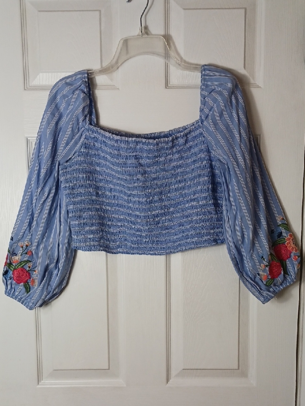 Xhilaration Striped Smocked Crop Top Floral Embroidery Boho Chic Size XL